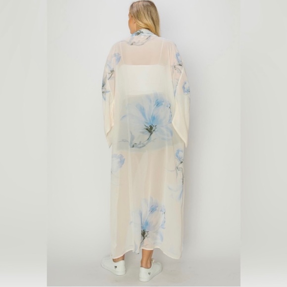 Multicolor Blue Floral Chiffon Sheer Kimono Cardigan - Picture 5 of 6